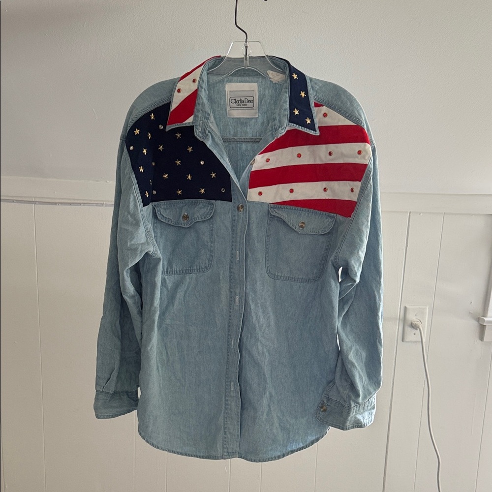 Vintage Clodia Dee Light Blue Denim Shirt with American Flag Pattern